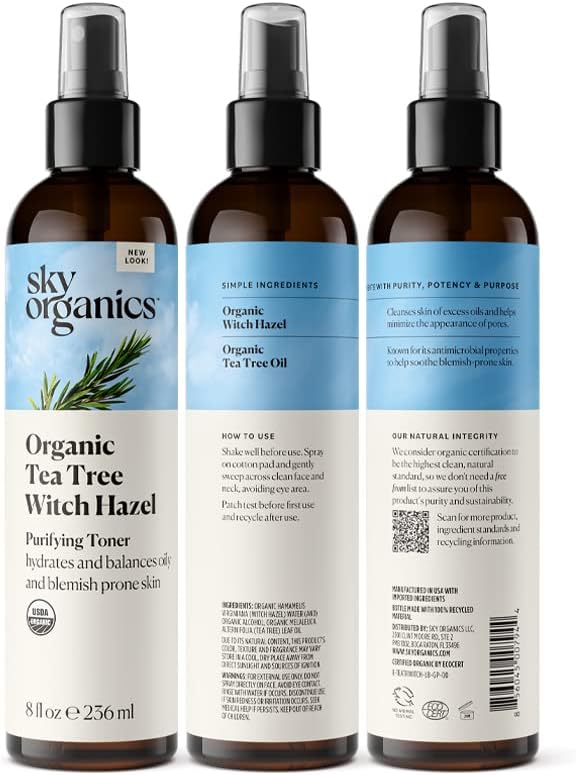 Sky Organics Organic Tea Tree & Witch Hazel for Face, Purifying Facial Toner to Hydrate, Soothe, Cleanse and Balance Blemish-Prone Skin, Helps Minimize the Appearance of Pores, 8 fl oz
