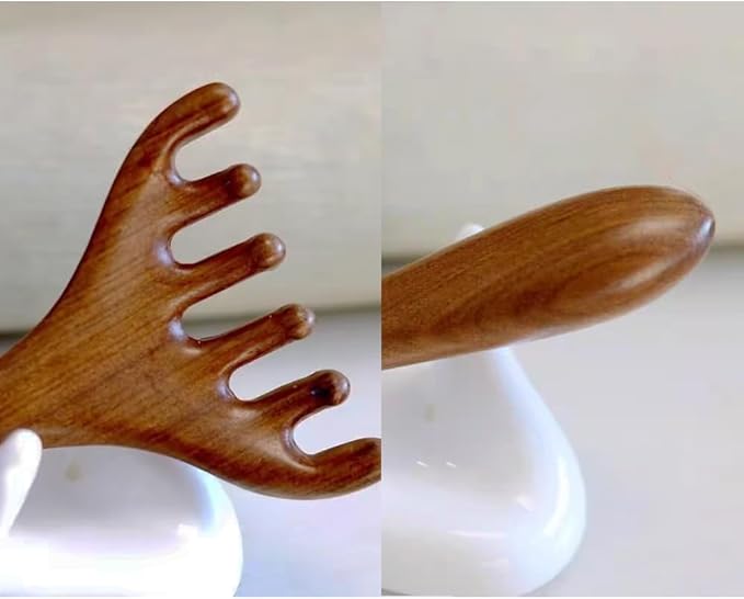 Natural Wooden Gua Sha Tool,Wooden Gua Sha Scraping Massage Tool,Long Handle Sandalwood Six Claw Antler Massager,1 Pieces