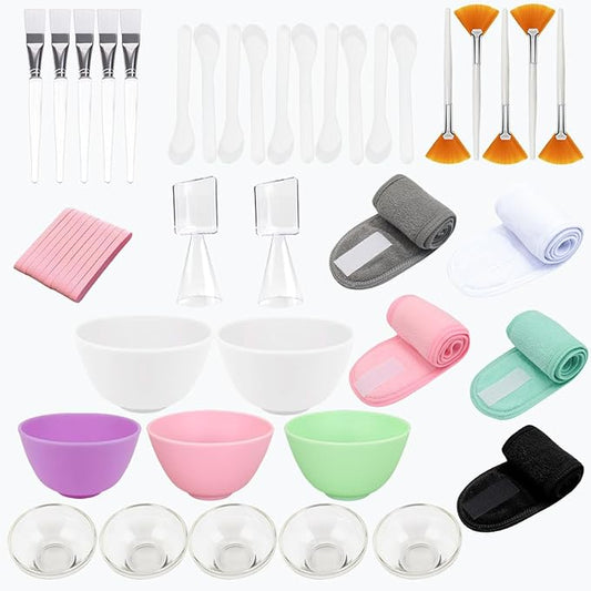 47 Pcs Esthetician Facial Supplies Kit: 5 Silicone & 5 Plastic Mask Mixing Bowls, 5 Headbands, 10 Brushes, 10 Spatulas, 10 Compressed Sponges, 2 Measuring Cups for Professional Spa & DIY Skincare