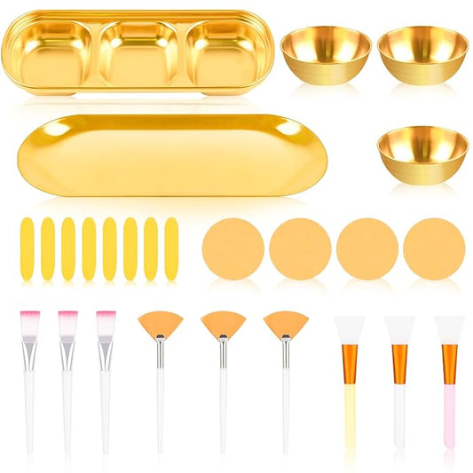 26Pcs Esthetician Supplies for Facials Set - 3 Stainless Steel Gold Mixing Bowls Gold Small Serving Tray 3 Compartment Serving Tray 3 Facial Fan Brushes 6 Face Mask Applicator Brush 12 Face Sponges