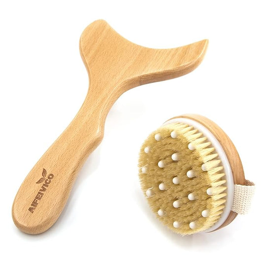 Lymphatic Drainage Paddle & Dry Brushing Body Brush, Wood Body Gua Sha Tool with Dry Skin Brush, Lymphatic Massage Paddle for Anti Cellulite - Body Shaping Contouring Sculpting