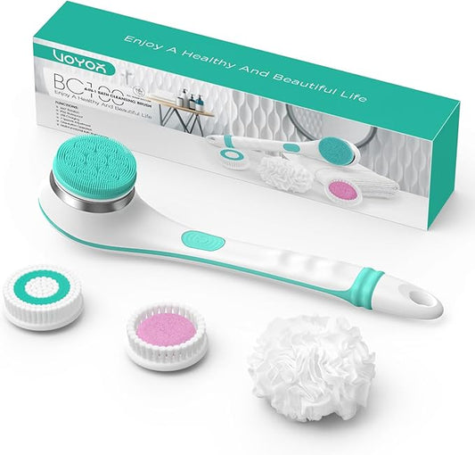 VOYOR Electric Silicone Body Scrubber, Back Scrubber for Shower, Waterproof Long Handle Body Brush, Rechargeable Power Bath Brush for Cleansing, Exfoliating, Massaging Skin BC100 (Blue)