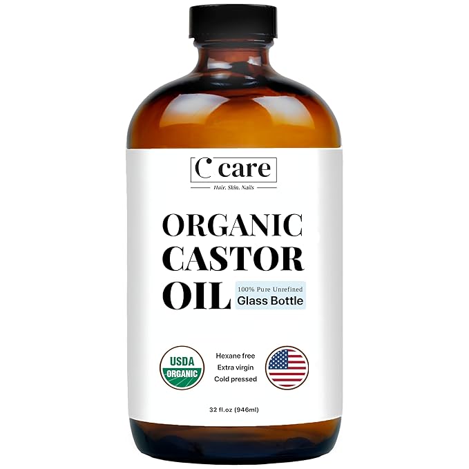 Castor Oil 100% Pure Organic Cold Pressed Unrefined Glass Bottle | USDA Certified Organic | Hexane Free Extra Virgin | For Hair Growth Eyebrows Eyelashes Skin and Castor Oil Pack Wrap