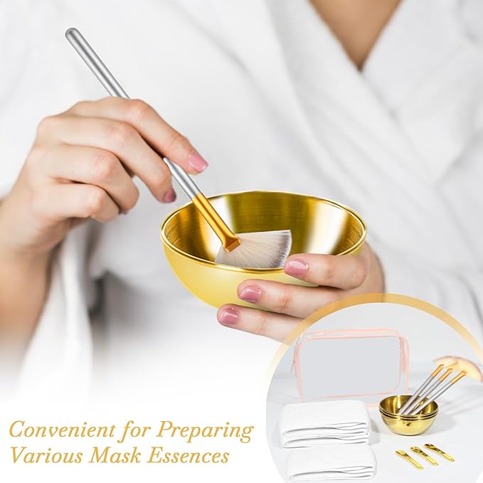 13 Pcs Esthetician Supplies 3 Gold Bowls Stainless Steel 3 Gold Skincare Spatula Metal 3 Facial Fan Brushes 3 White Facial Headbands Esthetician Clear Cosmetic Bag with Zipper for Women Facials