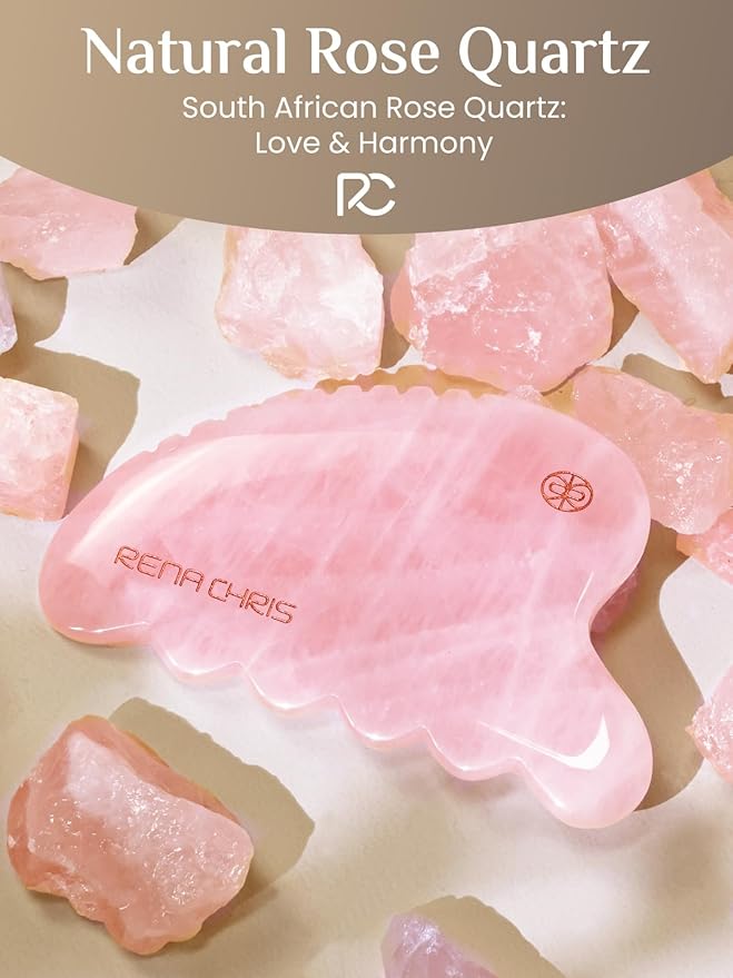 Rena Chris Gua Sha Facial Tool, Natural Rose Quartz Stone Body Gua sha with Exquisite Wooden Box, Large Guasha Suitable for Face Lifting, Puffiness Reducing and Whole-Body Massage, Skin Care Massager