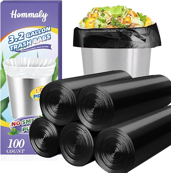 3 Gallon 100pcs Small black Trash Bags(Fit 3-3.2 Gal) Plastic Strong black Garbage Bags,Bathroom Trash Can Bin Liners,Waste Basket Liner,Fit 10-13 Liter, 2.6 Gallon,3 Gallon,3.2Gallon (3-Black100)