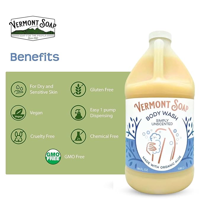 VERMONT SOAP Body Wash, Natural Body Wash with Shea Butter, Mild Gel Body Wash for Moisturizing and Soothing Skin, Fragrance Free Body Wash for Women & Men (Simply Unscented, 64oz)