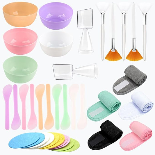 37 Pcs Face Mask Mixing Bowl Set, 5 Plastic Mask Bowl 5 Facial Headbands, 10 compressed facial sponges 5 Facial Mask Fan Brushes10 facial spatula and 2 Measuring Cups, Esthetician Supplies Tool Kit