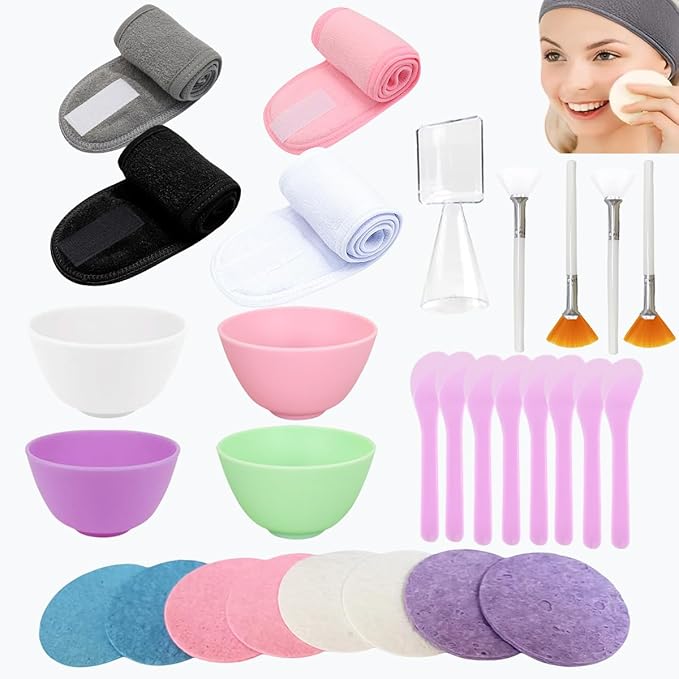 30 Pcs Esthetician Supplies for Facials Set,Facial Care DIY Tools 4 Silicone Facial Bowls 4 Facial Mask Fan Brushes 5 Facial Headbands, 8 Compressed Facial Sponges 8 Mask Applicators 1 Measuring Cups