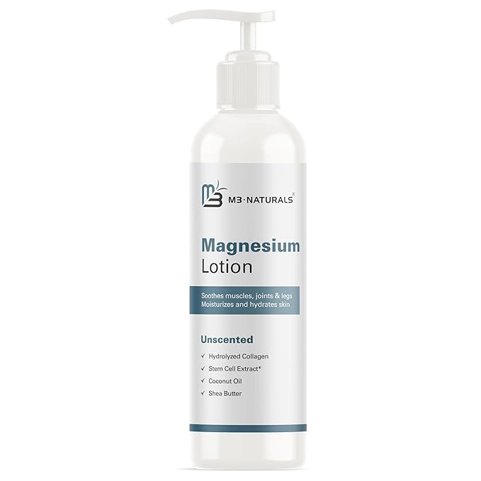 M3 Naturals Unscented Magnesium Lotion for Sleep & Leg Cramps, Suitable for Sensitive Skin, Helps with Muscle Relaxation, Soothes Tired Legs & Foot Aches and Supports Restful Nights, 8 fl oz
