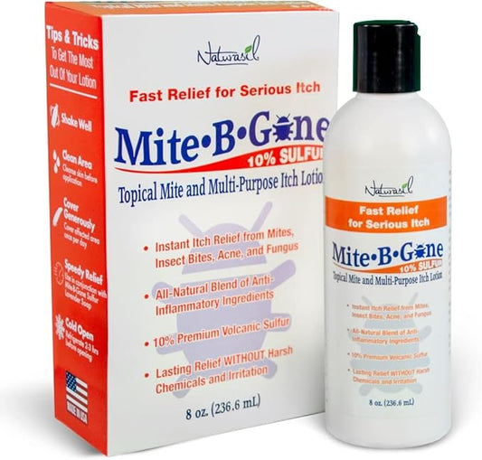 Mosquito Bite Itch Relief by Mite-B-Gone - Natural Sulfur Lotion to Stop Insect Bite Itching, Skin Redness, Discomfort & Irritation | Safe for Kids & Adults| Fast & Effective for All Skin Types| 8 oz