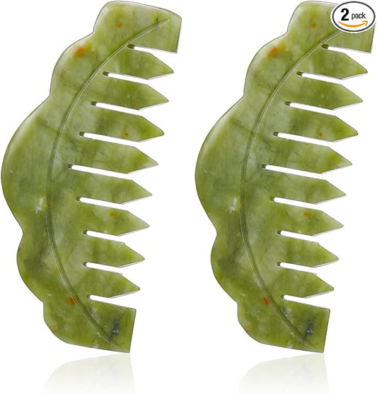 Geiserailie 2 Pieces Jade Combs Massage Stone Hair Gua Sha Scraping Scalp Comb Facial Massage Tool Multifunctional Handheld Head Tools Head Caring Therapy Mother's Day Gift(Plain Style)
