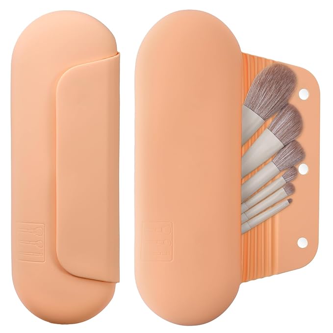 Silicone Makeup Brush Holder Travel Cosmetic Bag：Soft Portable Cosmetic Face Brushes Holder with Upgrade Anti-Fall Out Magnetic Closure, Large Travel Makeup Brush Case - Melon