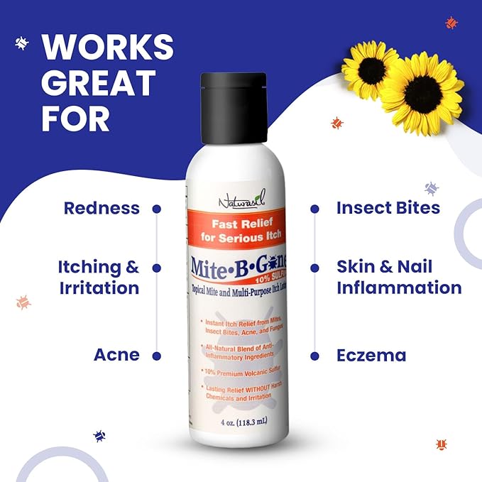 Mosquito Bite Itch Relief by Mite-B-Gone - Natural Sulfur Lotion to Stop Insect Bite Itching, Skin Redness, Discomfort & Irritation | Safe for Kids & Adults| Fast & Effective for All Skin Types| 8 oz