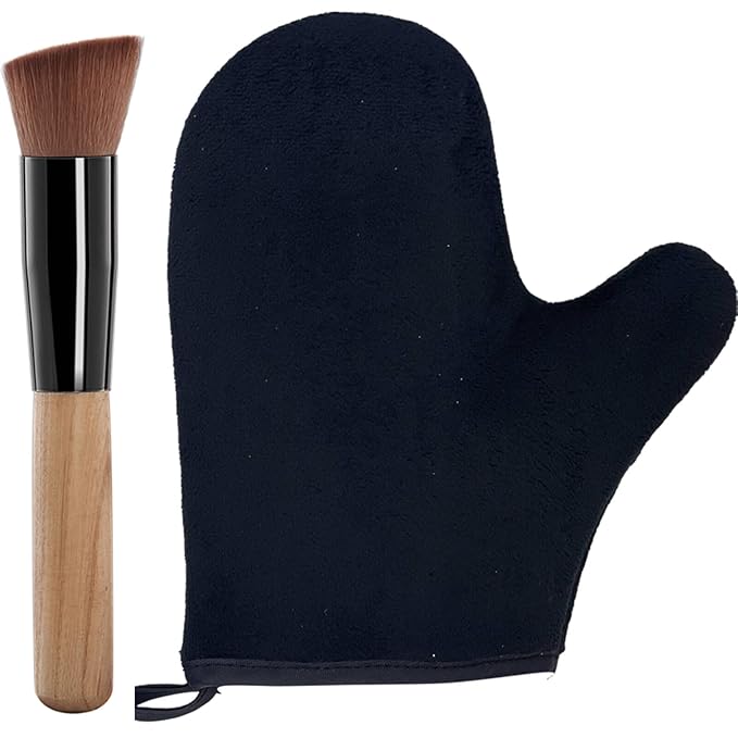 2 Piece Self Tanning Mitt Applicator Set, 1 Self Tanning Glove and 1 Self Tanner Brush, Tan Mitt for Self Tan Sunless Tan (Black)