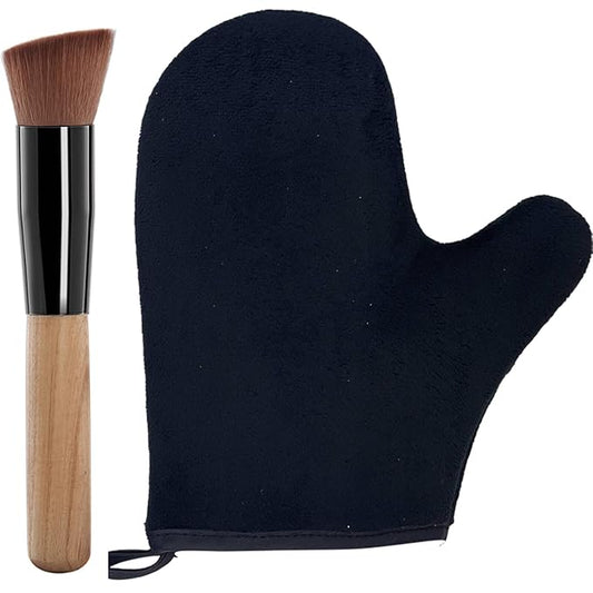 2 Piece Self Tanning Mitt Applicator Set, 1 Self Tanning Glove and 1 Self Tanner Brush, Tan Mitt for Self Tan Sunless Tan (Black)