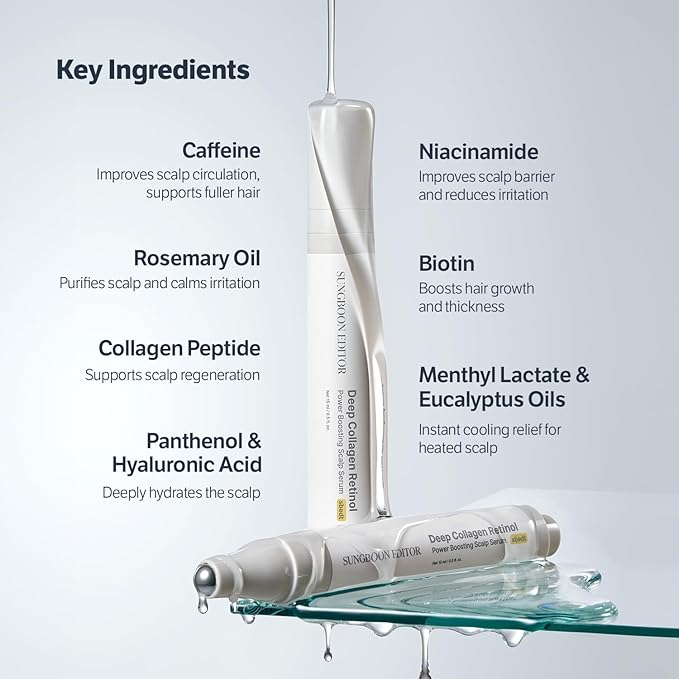 SUNGBOON EDITOR Deep Collagen Retinol Power Boosting Scalp Serum | Roll On Hair Growth, Hair Thickening Serum, Itchy & Dry Scalp Treatment, Caffeine, Biotin, Rosemary – Korean Hair Care, 0.5 fl oz