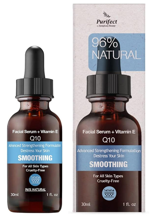 96% NATURAL Coenzyme Q10 Facial Serum for Anti Aging Moistrize Reduce Fine Lines Smooth Wrinkles with CoQ10 Ceramides Fruit Extract 30ml 1fl oz Non-Greasy and Fast Absorbing PURIFECT MADE IN USA