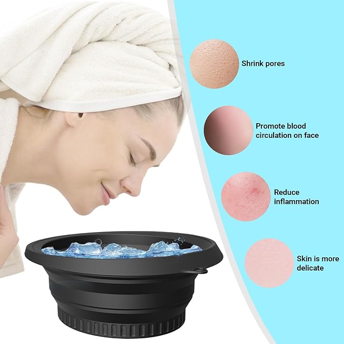 Face Bowl for Ice with Built-in Icetray,Portable Foldable Silicone Face Ice Bath Bowl,Ice Bath Facial Plunge Bowl for Skin Tightening & Acne Relief,Black