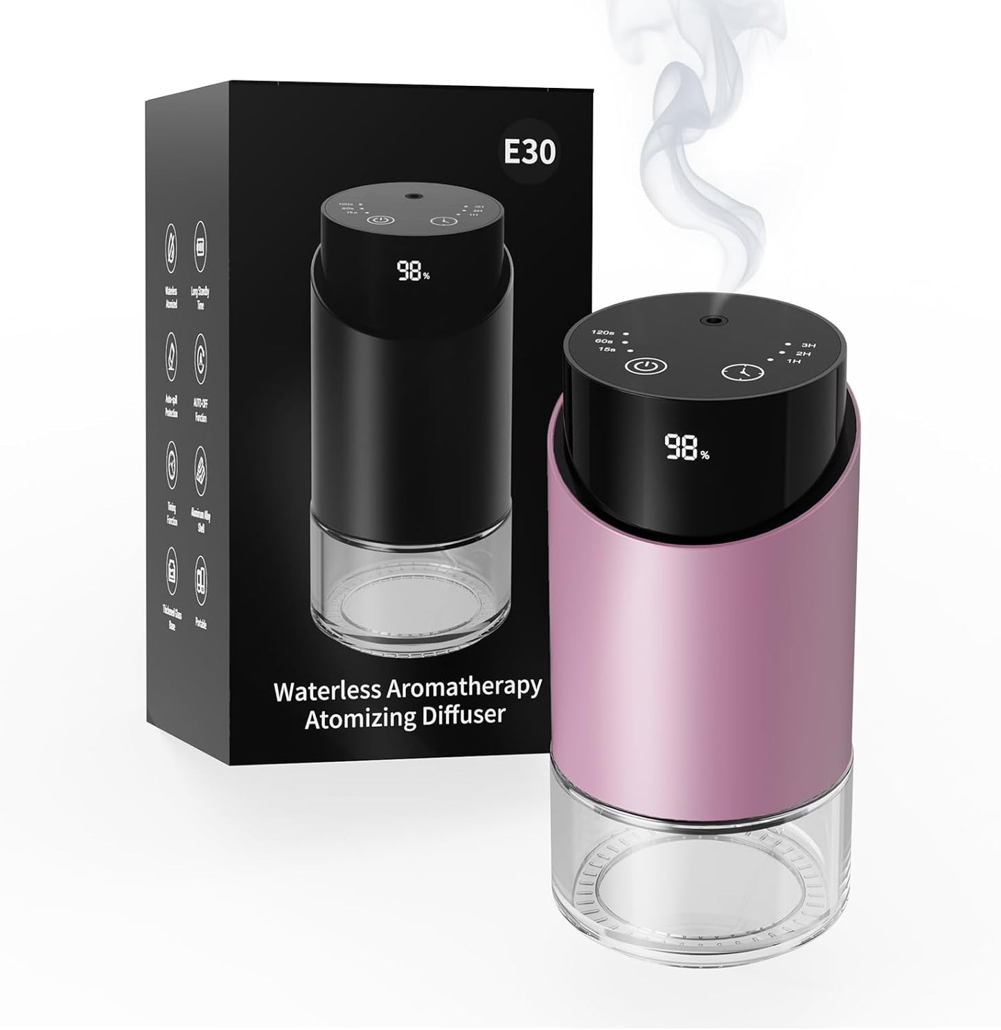 Waterless Essential Oil Diffuser Aromatherapy Scent Diffusers for Home Large Room, Car, Office, Desk, Mini Battery Operated Cordless Air Freshener, 4 Timers & 3 Mist Levels, 100ml Capacity (Pink)