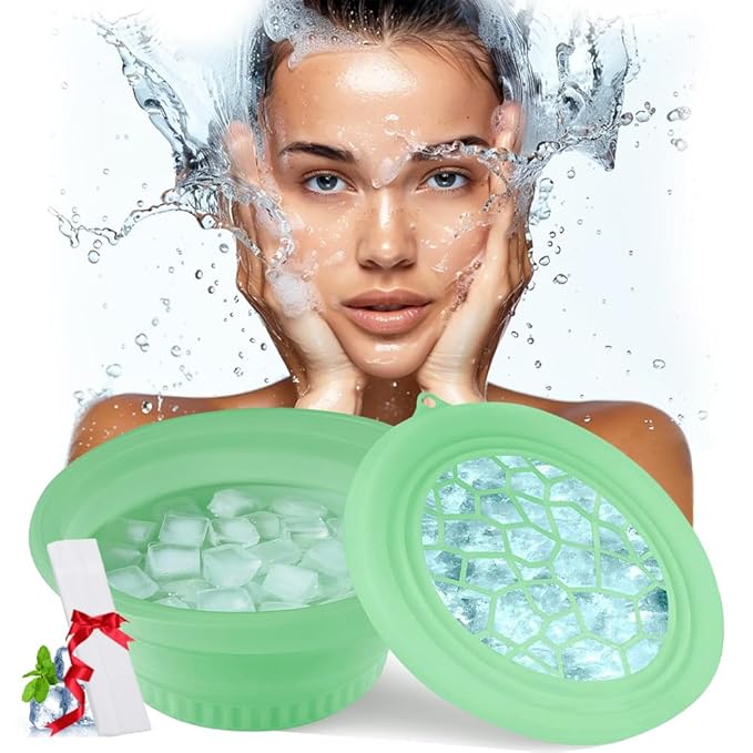 Foldable Face Ice Bath Bowl with headband Silicone Bowl with Built-in Icetray for Home Ice Water Facials Large Capacity Portable for Skin Tightening, Acne Relief & Anti-Inflammation（Green）