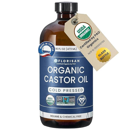 Florisan Organic Castor Oil 16oz Glass Bottle, Cold Pressed, Hexane-Free, Non-GMO, 100% Pure Castor Oil for Hair Growth, Skin, Lashes, Eyebrows, EWG Verified & USDA Organic Certified