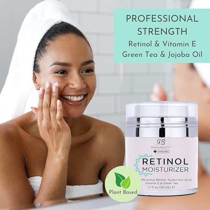 Radha Beauty Moisturizing Miracle Retinol Cream for Face - with 2.5% Retinol, Hyaluronic Acid, Vitamin E and Green Tea. Luxury Night and Day Cream 1.7 fl oz.