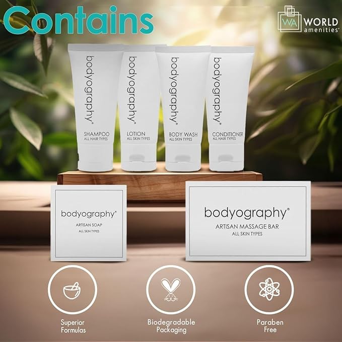 Bodyography Blanc Mini Travel Size Toiletries Bathroom Kit | Vanilla White Tea| Shampoo, Conditioner, Body Wash, Lotion, Artisan Soap and Massage Bar