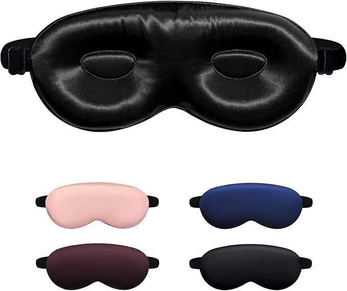 Luxury 22 Momme 100% Mulberry Silk Sleep Mask – 3D Eye Mask with Adjustable Strap, Gentle on Skin and Eyes, Provides Complete Light Blockage for Deep Sleep (Black, Adjustable)