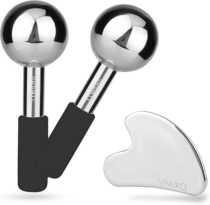 ICE Globes for Facials & Gua Sha Set, Gua Sha Facial Tools and Cryo Sticks with Unbreakable Steel, Face Massager Cooling Rollers for Dark Circles, Puffiness and Lymphatic Drainage (Black)