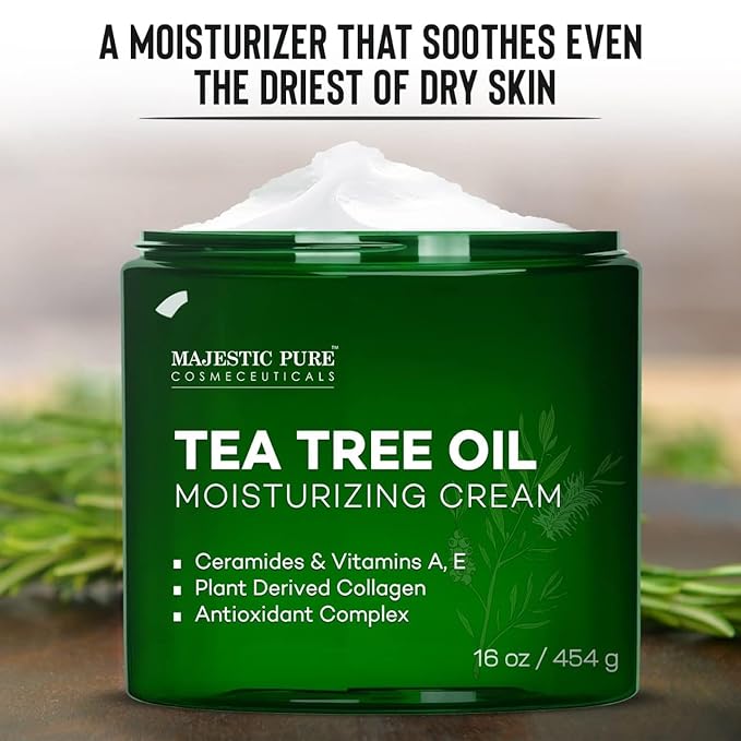 Majestic Pure Tea Tree Oil Moisturizing Cream - Body, Foot & Face Moisturizer - With Ceramides, Vitamins A E & Vegan Collagen - For Dry Skin, Oily Skin, & Appearance Of Wrinkles - 16 oz