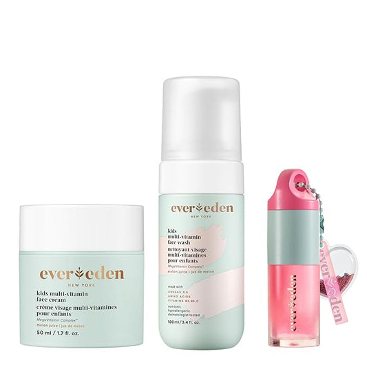 Evereden Happy Kids Skin & Lips Routine - Multi-Vitamin Kids Face Wash & Kids Face Cream & Tinted Lip Oil Set - Clean & Vegan Skin Care for Kids 3+ - Moisturizing, Nourishing, & Protective Kids Skin