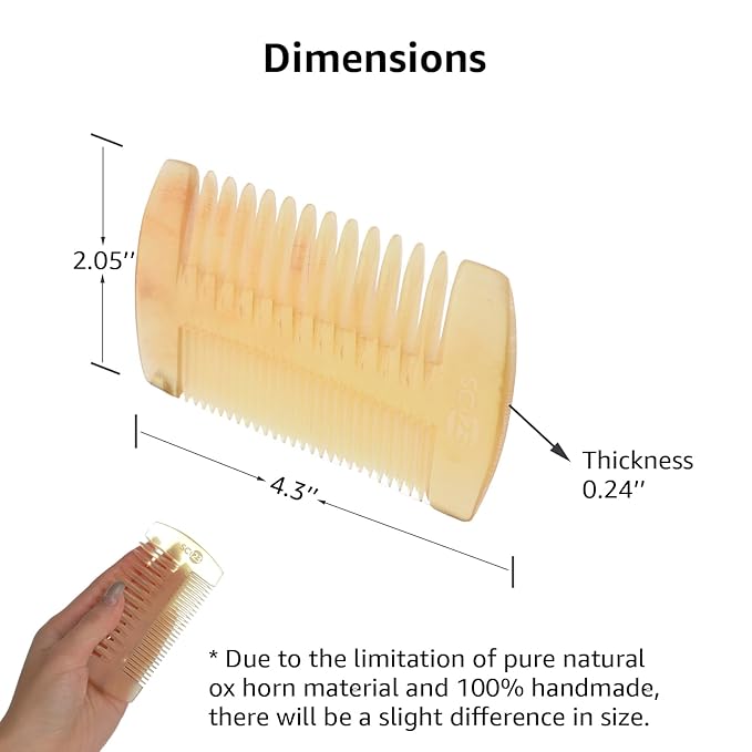 Untreated 4.3 inch Real Ox Horn Curly Hair Beard Mustache Comb, Handmade Fine Wide Tooth Double Sided Small Pocket Travel, Anti-static Detangling Massage Scalp Gua sha for Women Men