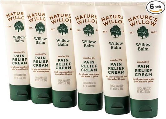 Nature's Willow Willow Balm Natural Pain Relief Cream for Muscles & Joints | Fast-Acting with Willow Bark & Menthol | Free from Artificial Fragrances & Dyes | 6-Pack | 3.5 fl oz