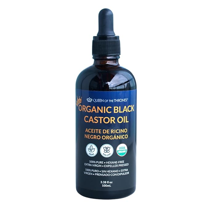 QUEEN OF THE THRONESOrganic Black Castor Oil - 100mL with Dropper| 100% Pure, Certified Organic, Hexane-Free, Extra Virgin | Moisturizing & Conditioning Oil for Skin, Hair & Nails