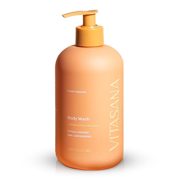 Vitasana Natural Body Wash for Sensitive Skin, 16 oz – Mandarin Orange Scent, 98.9% Plant‑Derived, EWG Verified, Hypoallergenic, Paraben‑Free, Sulfate‑Free, Cruelty‑Free