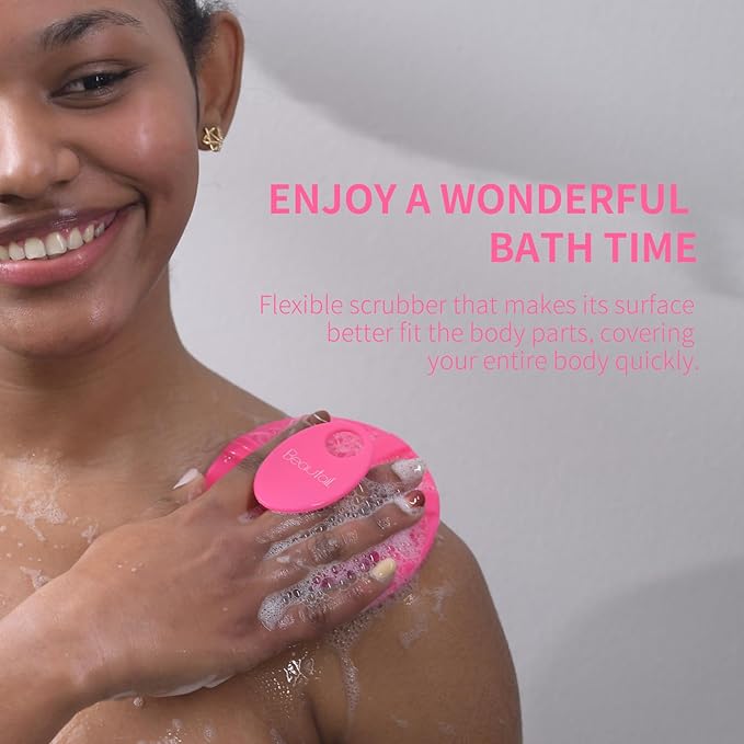 Silicone Body Scrubber 2 Pack, BEAUTAIL Shower Bath Scrubber, More Hygienic Than Traditional Loofah, Lather Nicely, Gentle Exfoliating Brush for Women Men Baby Sensitive Skin, Blue+Rose