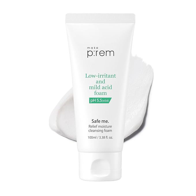 MAKE P:REM Safe Me. Relief Moisture Cleansing Foam, Delicate Eye-Friendly Face Wash for Sensitive Skin, pH Balanced Deep Pore Cleansing, Korean Skin Care, 3.38 Fl Oz, 100ml