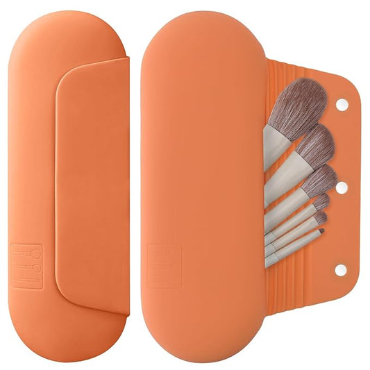 Silicone Makeup Brush Holder Travel Cosmetic Bag：Soft Portable Cosmetic Face Brushes Holder with Upgrade Anti-Fall Out Magnetic Closure, Large Travel Makeup Brush Case - Orange