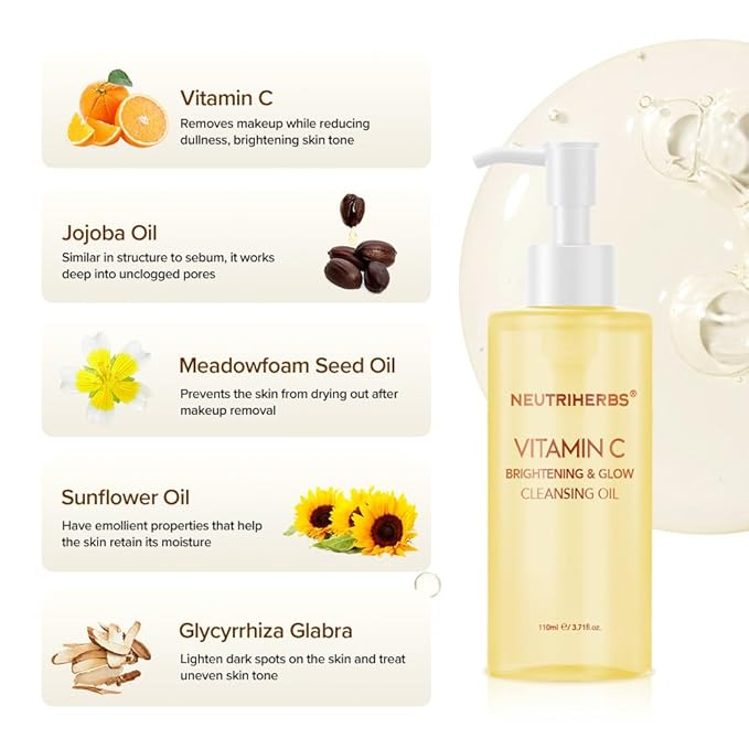 Neutriherbs Makeup Remover Oil Cleanser, Vitamin C Cleansing Oil for Long Last and Waterproof Makeup, Sunscreen, Fit All Skin Type - 3.71 Fl.Oz