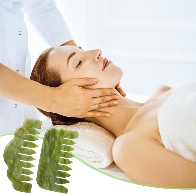 Geiserailie 2 Pieces Jade Combs Massage Stone Hair Gua Sha Scraping Scalp Comb Facial Massage Tool Multifunctional Handheld Head Tools Head Caring Therapy Mother's Day Gift(Stylish Style)