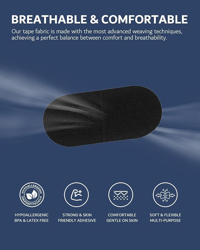 Black Premium Tape (60 Pack) - Pain Free Removal, Hypoallergenic, Latex Free & Gentle On Skin - Skin Friendly Adhesive Cotton Tape