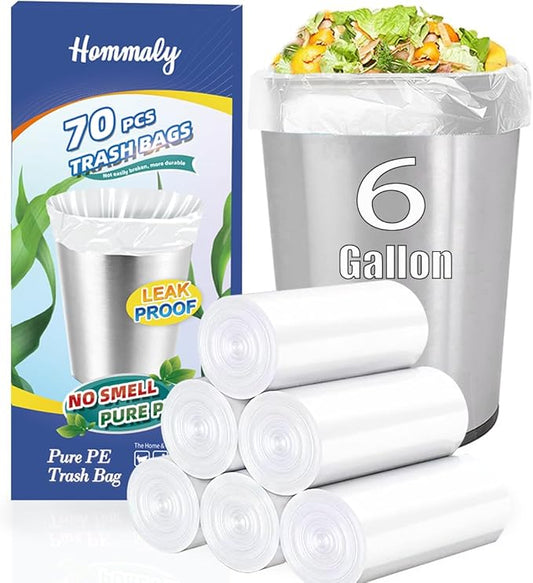 6 Gallon 70 pcs Clear Trash Bags Strong Clear Garbage Bags, Bathroom Trash Can Bin Liners, Plastic Bags for Office Home Kitchen, Fit 6 gallon,7 gallon Waste Basket Liner 5,6,7 Gal(6G70-Clear)