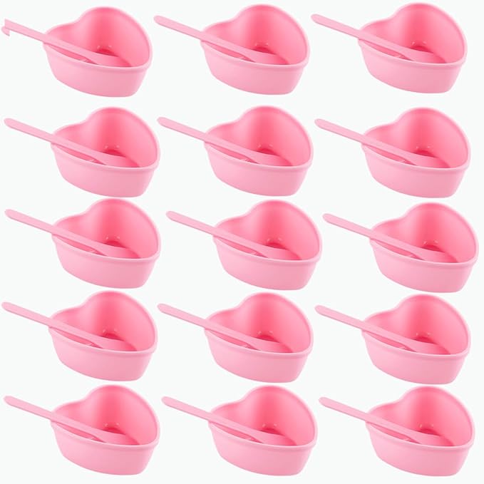 15 Pairs Pink Heart-shaped Plastic Facial Mask Mixing Bowls Set with Spatulas - DIY Skincare Mixing Tool Kit, Mud Masks, Home Salon, and Beauty Salon Use, Face Mask Applicator Tool(15Pcs)