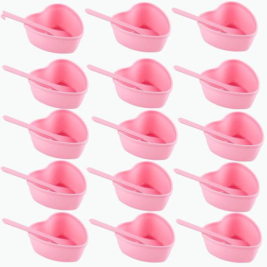 15 Pairs Pink Heart-shaped Plastic Facial Mask Mixing Bowls Set with Spatulas - DIY Skincare Mixing Tool Kit, Mud Masks, Home Salon, and Beauty Salon Use, Face Mask Applicator Tool(15Pcs)