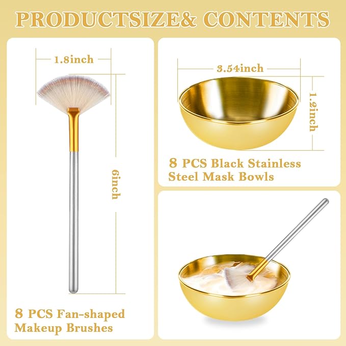 16 Pcs Gold Facial Bowl and Brush Set 8 Facial Fan Brushes Esthetician 8 Gold Facial Mixing Bowls Esthetician Stainless Steel Mixing Bowls Face Mask Brush for Mud Cream Makeup Spa Salon Women