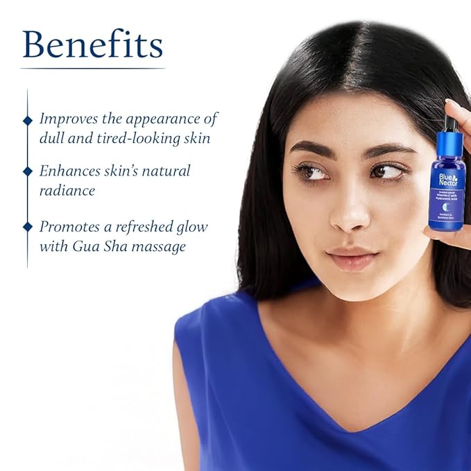 Blue Nectar Vitamin C Serum for Oily Skin & Dry Skin with Gua Sha | Plant-Based Face for Glowing Skin & Pigmentation | Hyaluronic Acid Serum for Women & Men (9 Herbs, 1 Fl Oz)