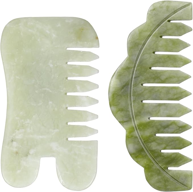 Geiserailie 2 Pieces Jade Combs Massage Stone Hair Gua Sha Scraping Scalp Comb Facial Massage Tool Multifunctional Handheld Head Tools Head Caring Therapy Mother's Day Gift(Chic Style)