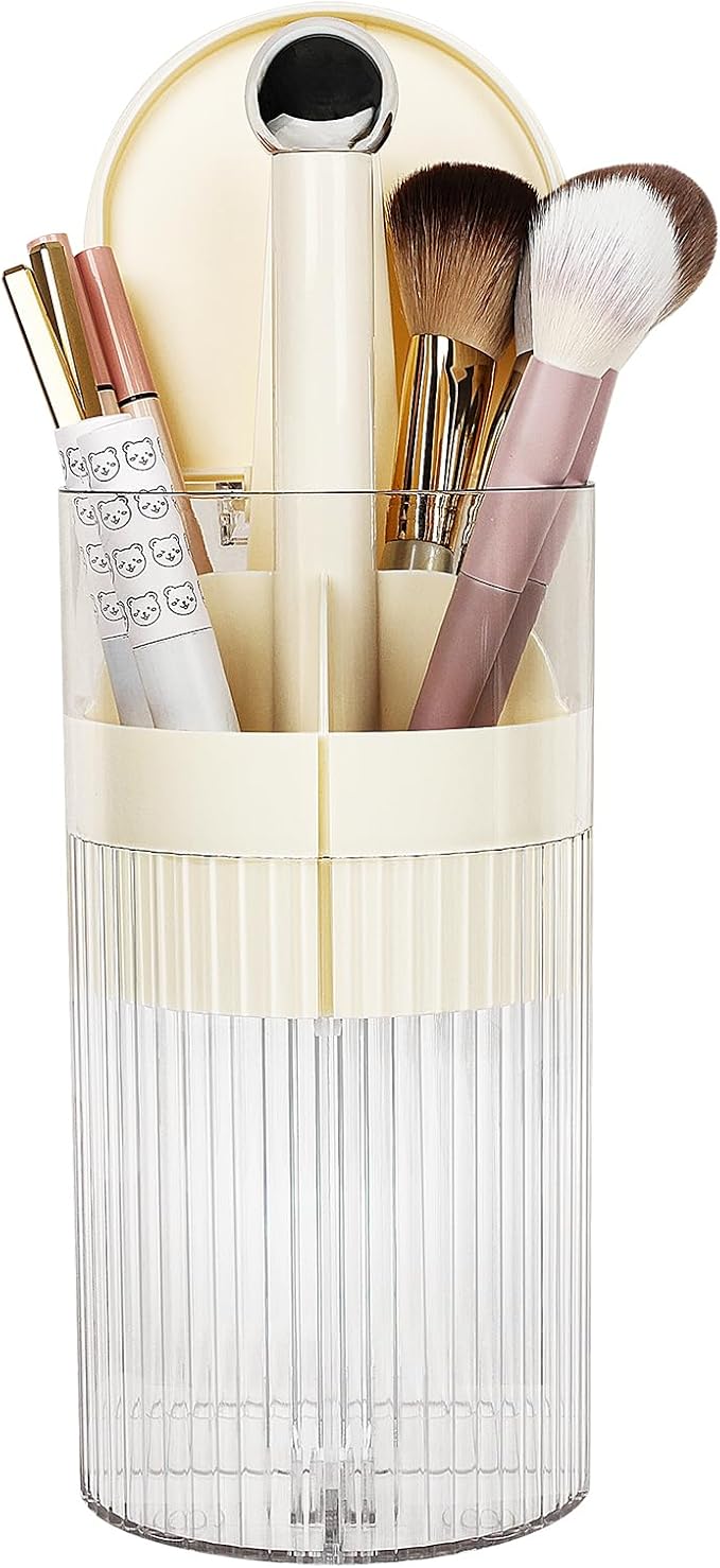 JessLab One-Touch Pop-Up Makeup Brush Organizer with Lid, Dustproof Cosmetic Brush Holder, 4-Compartment Large Capacity for Vanity, Bathroom Countertop, White