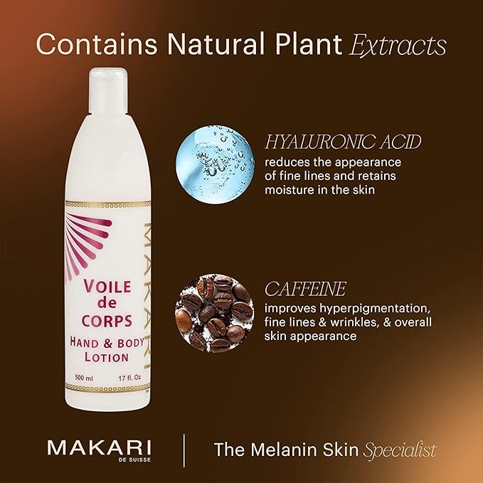 Makari Voile de Corps Hand and Body Lotion, Hydrating Dry Skin Moisturizer with Hyaluronic Acid and Caffeine - Anti-Aging, Non-Greasy Formula for All Skin Types - 17 Fl oz